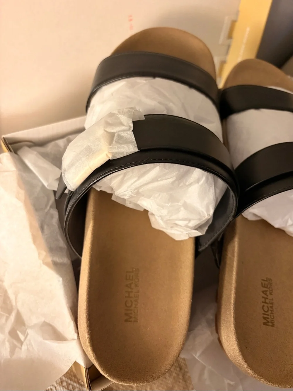 Michael Kors Black Double-Strap Leather Slide Sandals with Gold Footbed